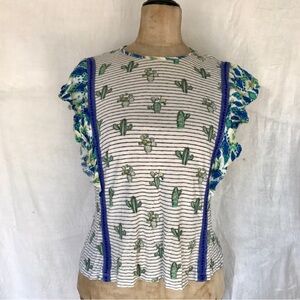 Striped with cactus Ruffle Sleeve Top from Anthropology